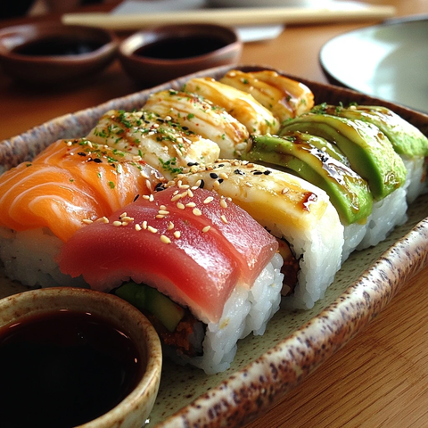 寿司拼盘与酱油芥末