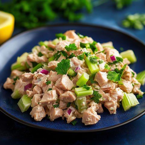 经典金枪鱼沙拉蓝色盘子