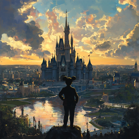 迪士尼城堡前米老鼠剪影形象的俯瞰图