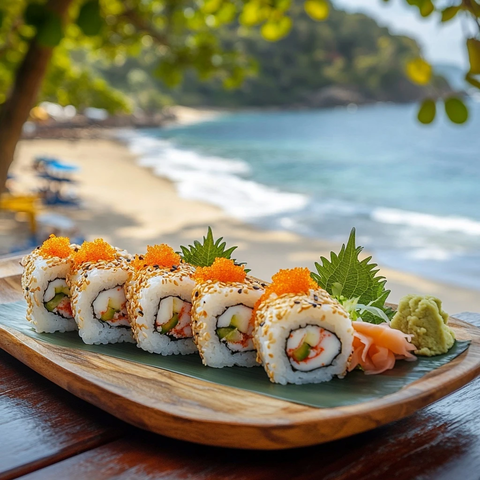 木盘上的寿司卷与海景