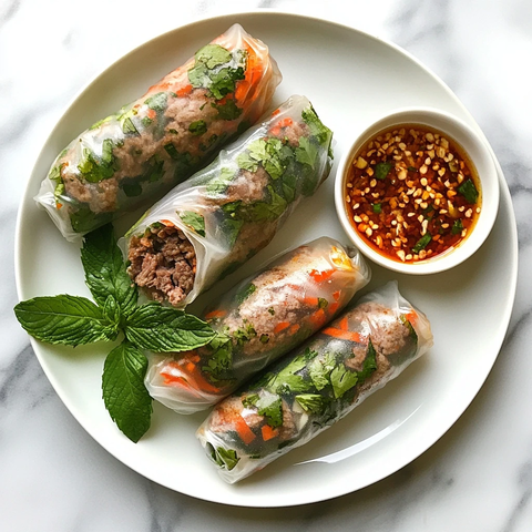 牛肉春卷白色盘子俯拍