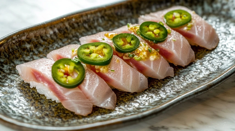 黄尾鱼片配青椒和酱油醋汁