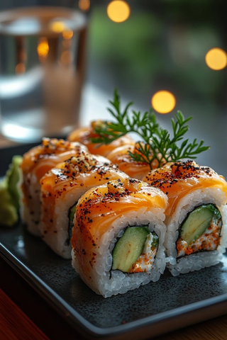 杯中金汤力与寿司绿影