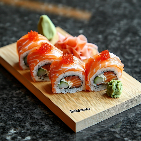 木板菜单姜片玫瑰花瓣寿司卷