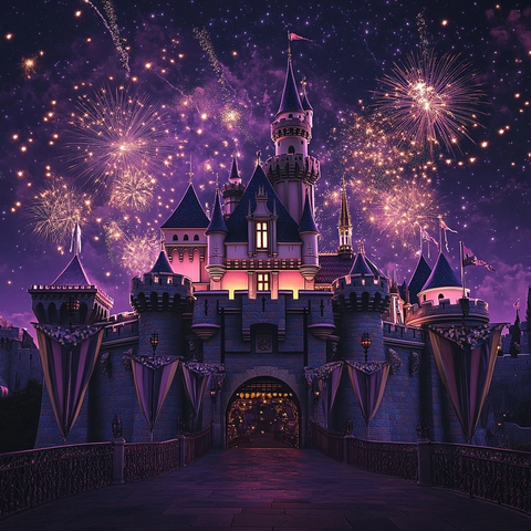 梦幻城堡夜景璀璨烟花映照下的童话世界