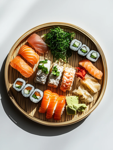 寿司竹盘配姜片芥末