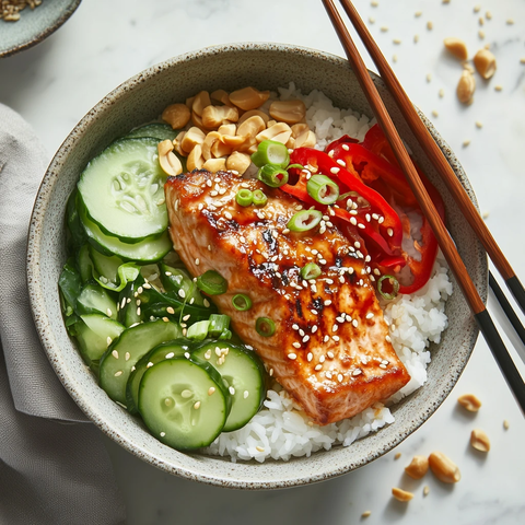 烤三文鱼盖饭配黄瓜和花生