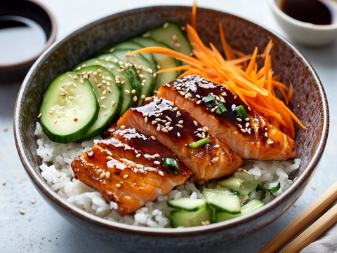 烤三文鱼饭碗配蔬菜和芝麻