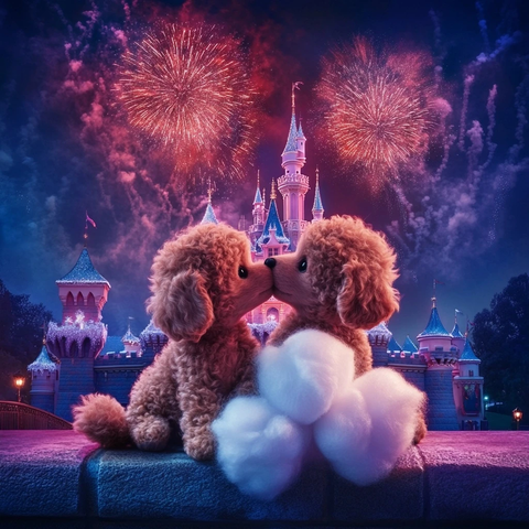 迪士尼城堡前两只玩具狗亲吻的浪漫场景