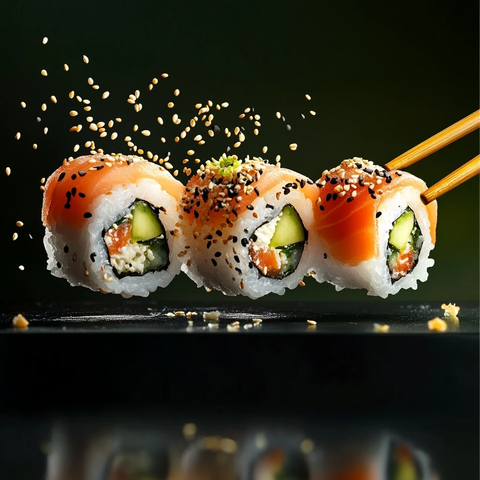 寿司卷与筷子绿色背景