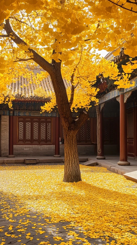 古建筑庭院中的银杏树秋景