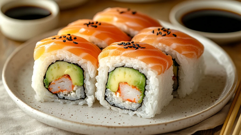 鲜虾牛油果寿司卷盘