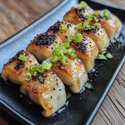 黑盘煎饺配葱芝麻