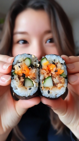 人吃紫菜包饭大口咬