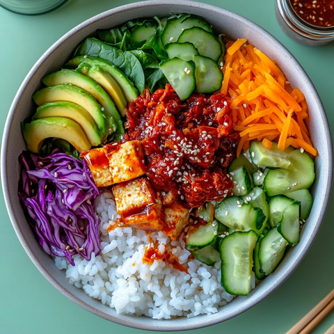 韩式泡菜豆腐饭配蔬菜杂蔬