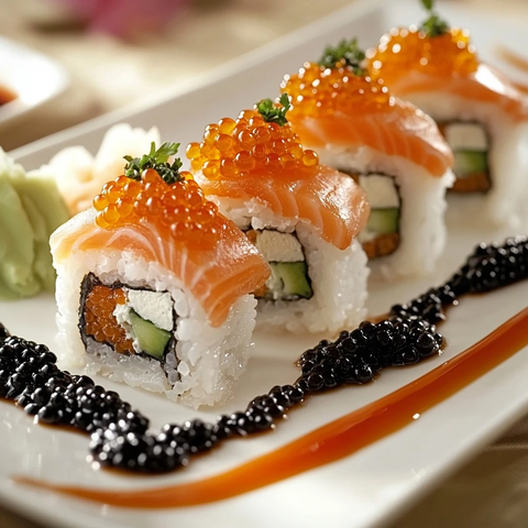 鱼子酱寿司拼盘与日式酱料