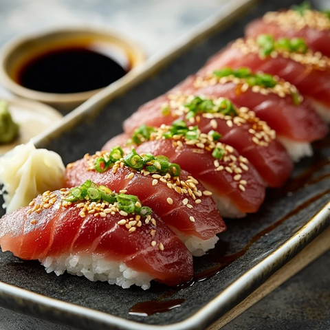 新鲜金枪鱼寿司配芝麻绿葱
