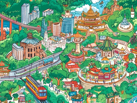 城市多元建筑景观与轨道交通的全景展示