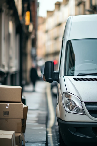 白色货车旁堆放纸箱