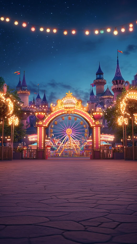 夜色中的游乐园摩天轮及城堡景致