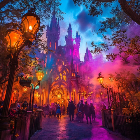 神秘城堡夜景下人群漫步的奇幻景象