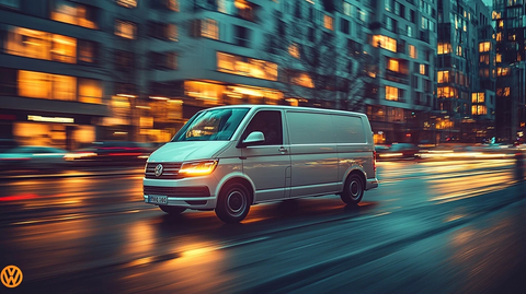 白色大众货车穿梭城市公园