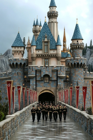 迪士尼城堡前整齐列队行进的士兵