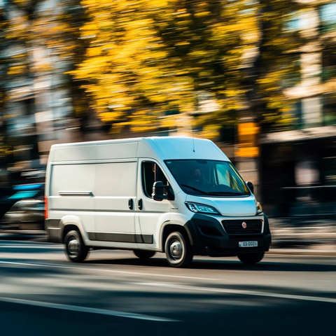 白色菲亚特运输车快速行驶