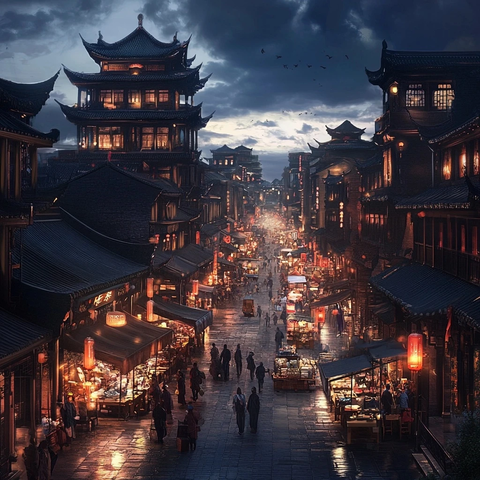 古色古香的中式建筑夜景街道全景