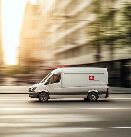 白色送药车城市快速行驶