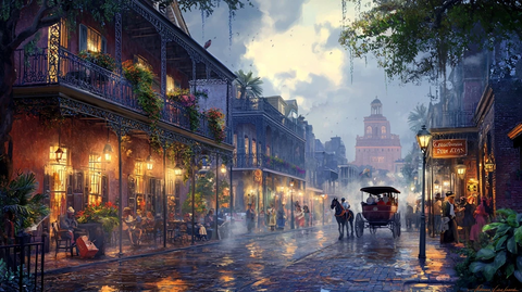 雨中的欧式风情街马车行人夜景图