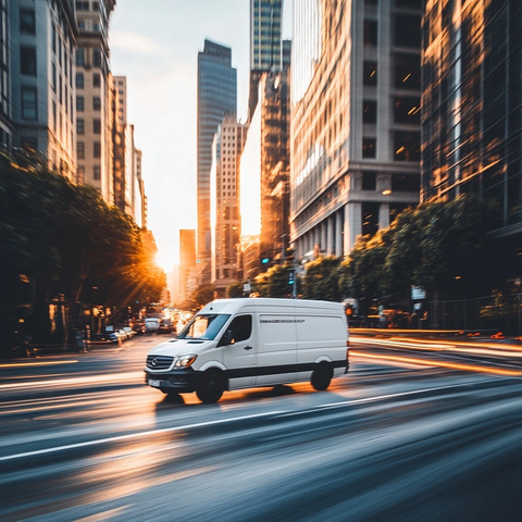 奔驰厢式货车穿越城市街道