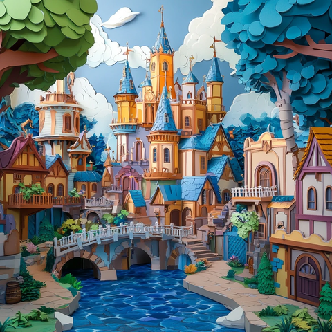 童话风格城堡与小镇的唯美景观
