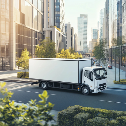 白色卡车城市行驶侧视图