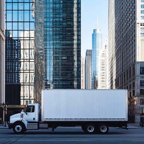 白色货车停靠摩天大楼前