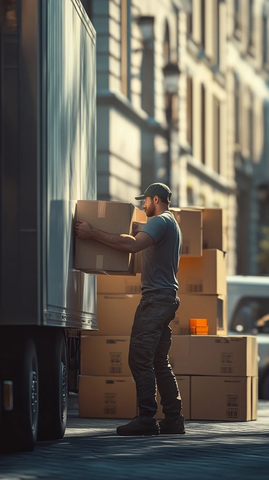 男子搬运纸箱靠近卡车