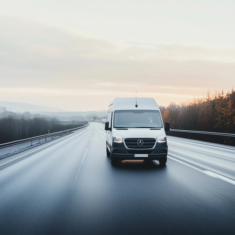 白色货车沿公路行驶前视图