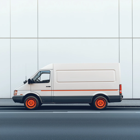 白色侦察车橙色车轮建筑背景