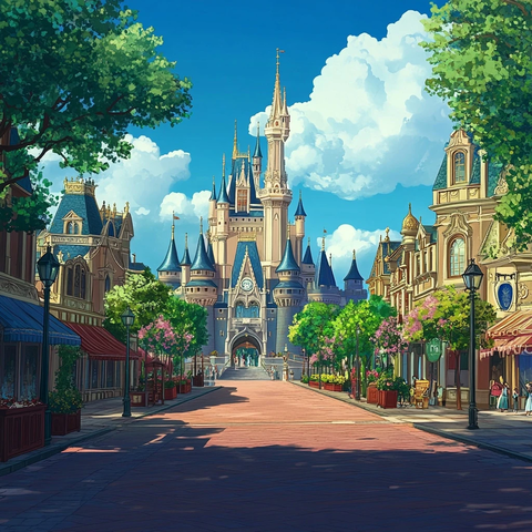 童话风格的城堡街道全景