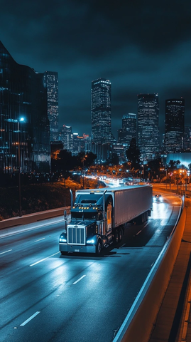 夜间城市拖车行驶景象