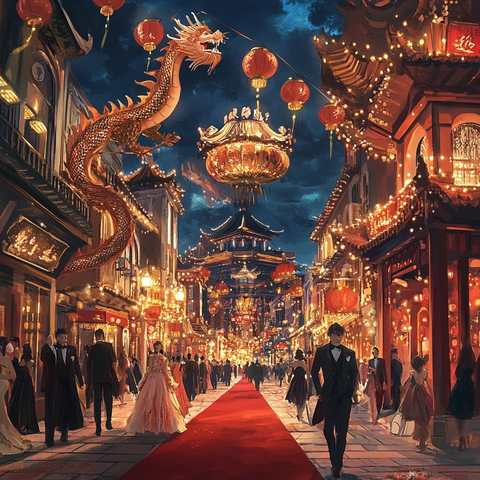 中式建筑街道上的红毯盛会