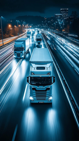 白色斯堪尼亚车队高速行驶