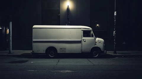 年代白色送货卡车街角停靠