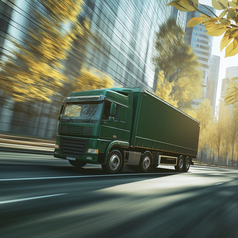 绿色货车路上行驶低角度侧拍