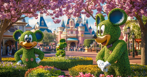 迪士尼乐园中米奇造型绿植雕塑特写