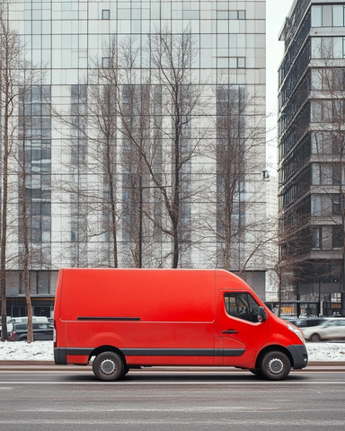 红色送货车停靠办公楼外