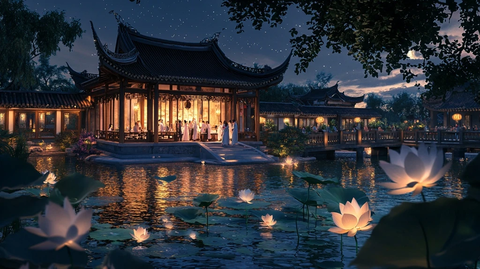 中式古亭夜景与荷塘相映的唯美画面
