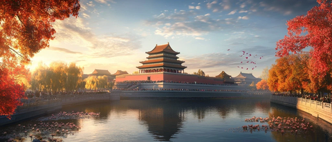 秋日夕阳下的故宫全景