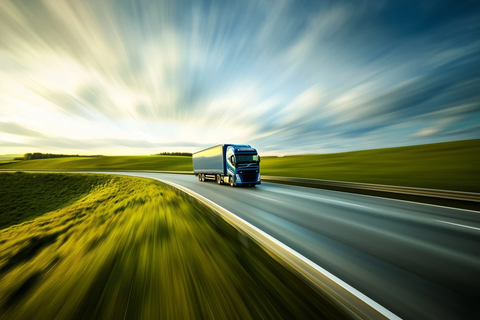 沃尔沃卡车快速行驶绿色公路