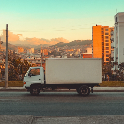 白色小卡车城市道路夕阳